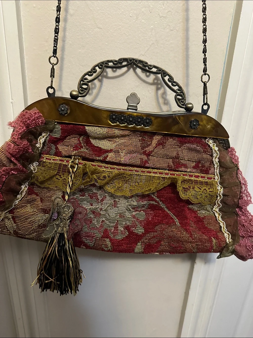 Vintage-Inspired Floral Appliqué Handbag in Burgundy and Olive